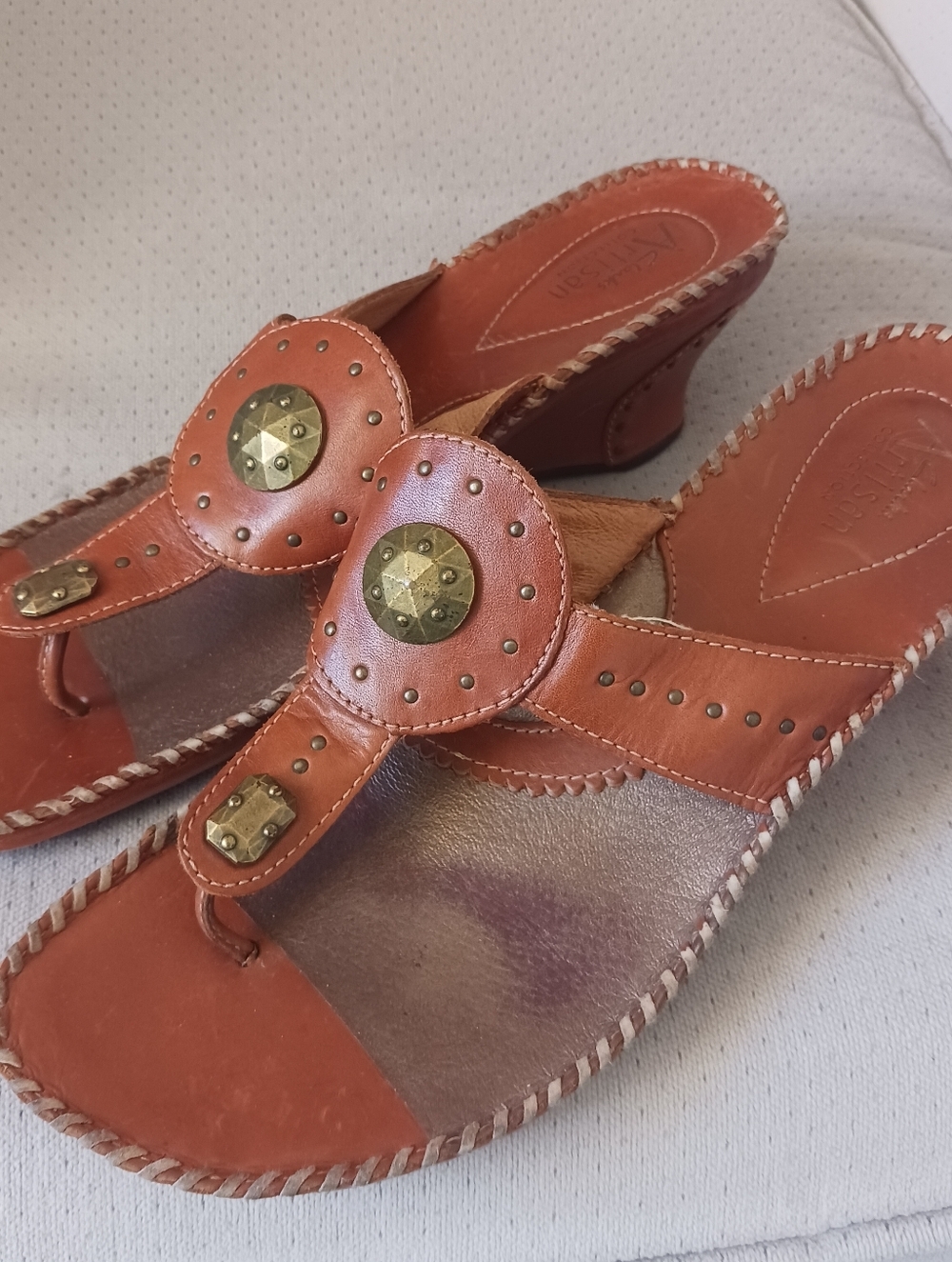 CLARKS Artisan Leather Coral Brown Studded Wedge Sandals Size 9